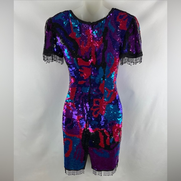Sean Collection Sequin Beaded Mini Bodycon Fringe Pink Blue Purple Dress Size S - Picture 11 of 15